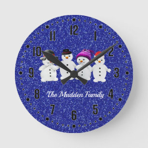 Family of Four Snowmen Blue Sparkle Winter Round P Runde Wanduhr
