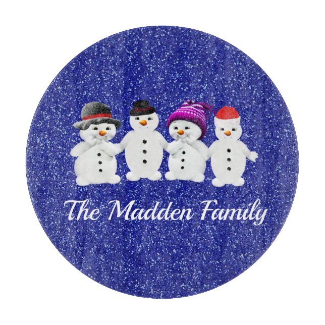 Family of Four Snowmen Blue Sparkle Winter   Schneidebrett (Vorderseite)