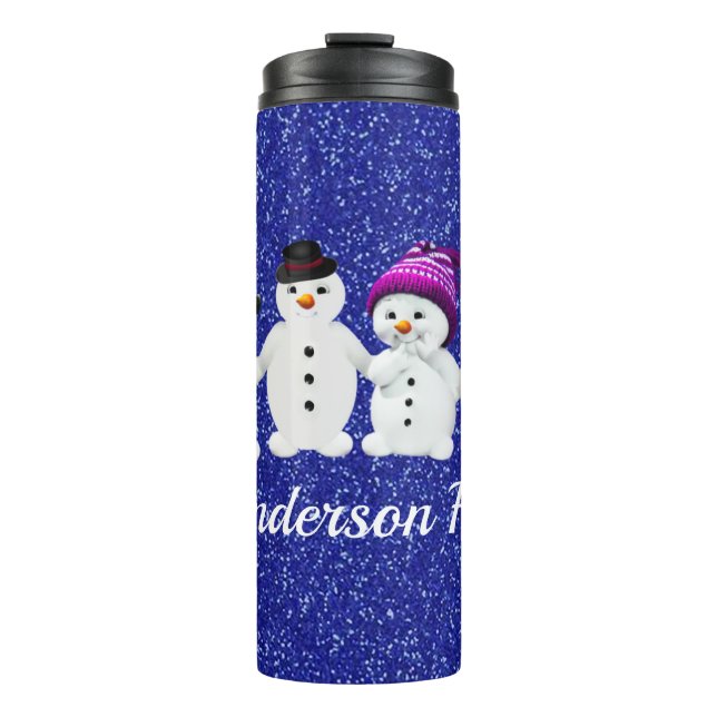 Family of Four Snowmen Blue Sparkle Winter   Table Thermosbecher (Vorderseite)
