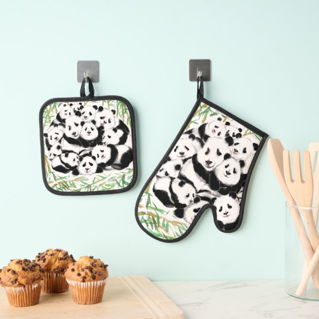 Family Panda Funny Oven Mitt & Pot Holder Set (Insitu (Hängend))