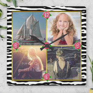 Family Photo Add 4 Custom Pictures   Zebra Roses Quadratische Wanduhr