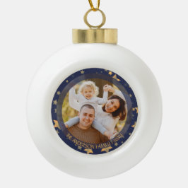 Family Photo Blue Gold Star Elegant Holiday Keramik Kugel-Ornament