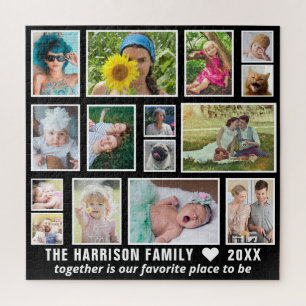Family Photo Collage 15 Custom Black White Square Puzzle