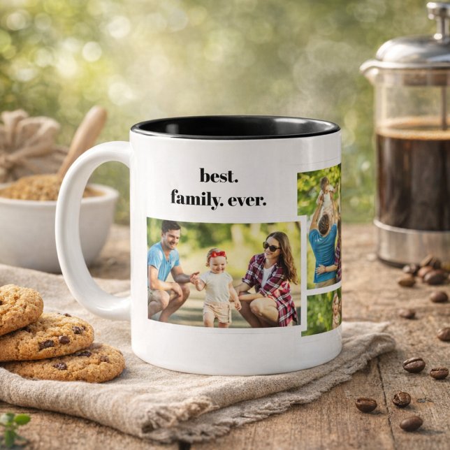 Family Photo Collage - 4 Photos and Custom Text Zweifarbige Tasse (Von Creator hochgeladen)
