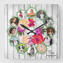Family photo collage around bouquet of flowers quadratische wanduhr