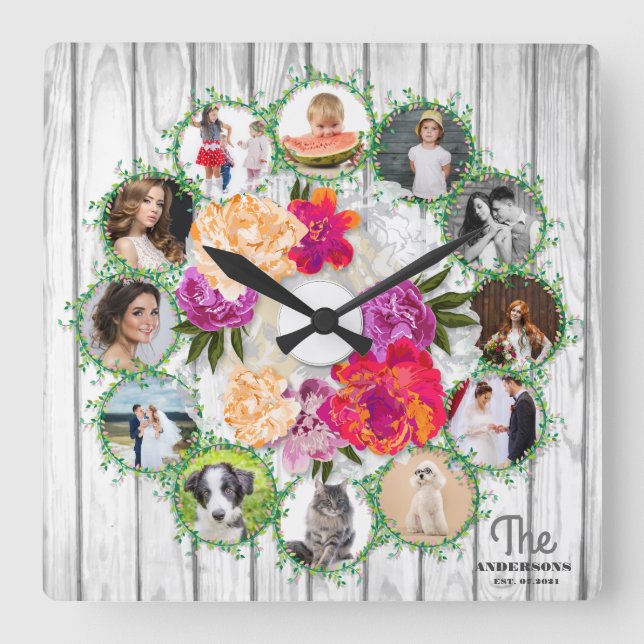 Family photo collage around bouquet of flowers quadratische wanduhr (Vorderseite)