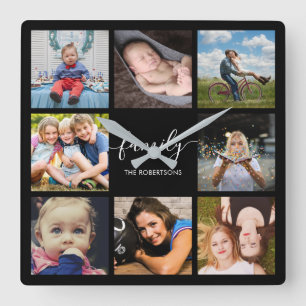 Family Photo Collage Black Custom Quadratische Wanduhr