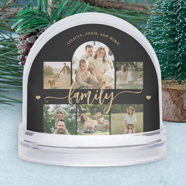 Family photo collage elegant gold script keepsake schneekugeln (Von Creator hochgeladen)