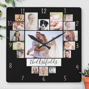 Family Photo Collage Heart 17 Pictures Name Black Quadratische Wanduhr