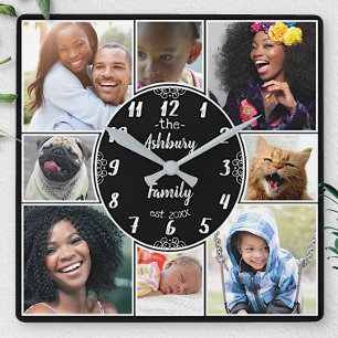 Family Photo Collage Instagram Picture Oval Name B Quadratische Wanduhr