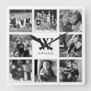 Family Photo Collage Monogram Black and White Quadratische Wanduhr