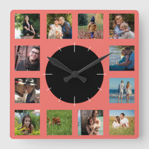 Family Photo Collage Monogram Quadratische Wanduhr
