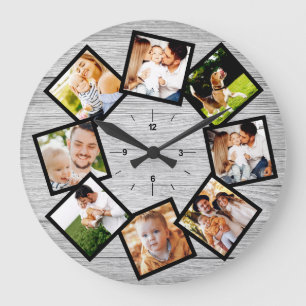 Family Photo Collage Rustic Chic Farmhouse Gray Große Wanduhr