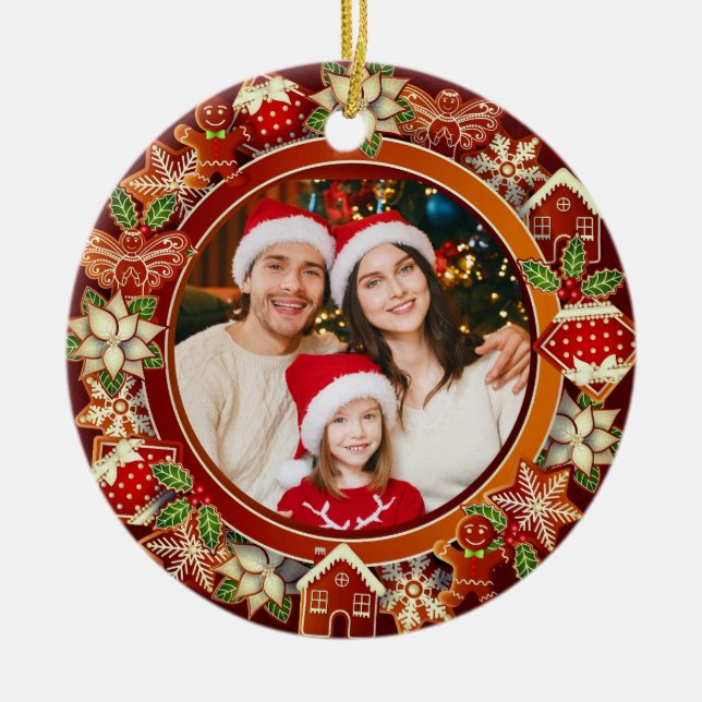 Family Photo, Gingerbread & Poinsettia Holiday Keramik Ornament (Vorne)