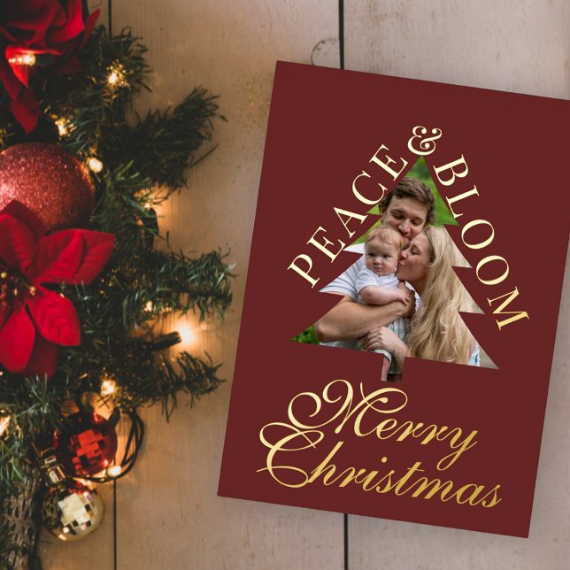 Family photo handwritten script burgundy real folieneinladung (Family photo handwritten script burgundy real foil christmas card )