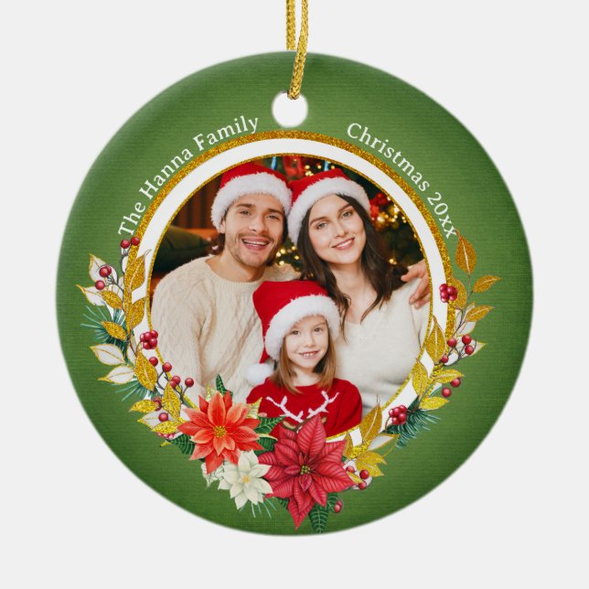 Family Photo & Poinsettia Merry Christmas Gift Keramik Ornament (Vorne)