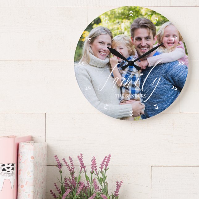 Family Photo with Modern Script Typography Große Wanduhr (Von Creator hochgeladen)