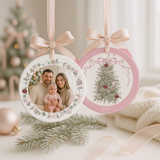 Family Pink Christmas Photo Keramik Ornament (Von Creator hochgeladen)