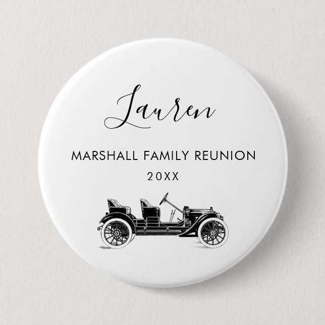 Family Reunion Name Tag with Vintage Car, Button (Vorderseite)