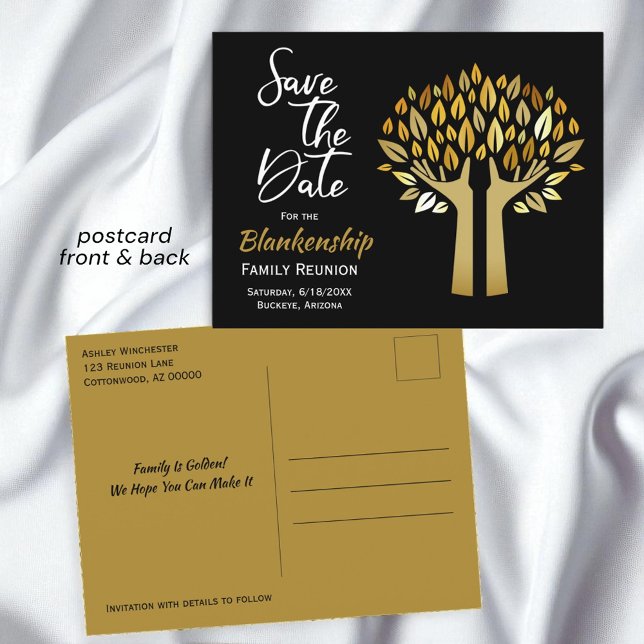 Family Reunion Save The Date Hands Up Tree Leaves Ankündigungspostkarte (postcard template front and back)