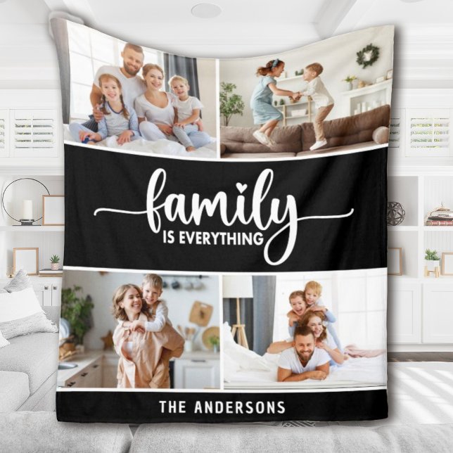 Family Script Typography Photo Collage Fleecedecke (an elegant family photo keepsake blanket. Personalize it with your photos and name.)