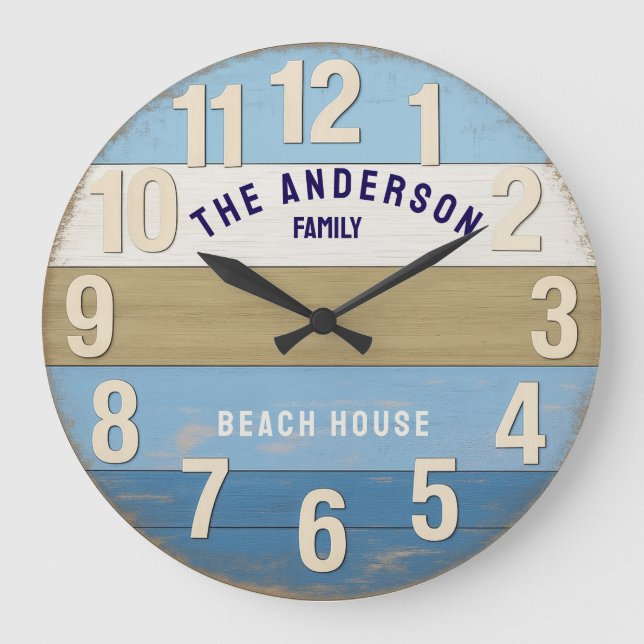 Family sign rustic wood Beach house Große Wanduhr (Vorderseite)