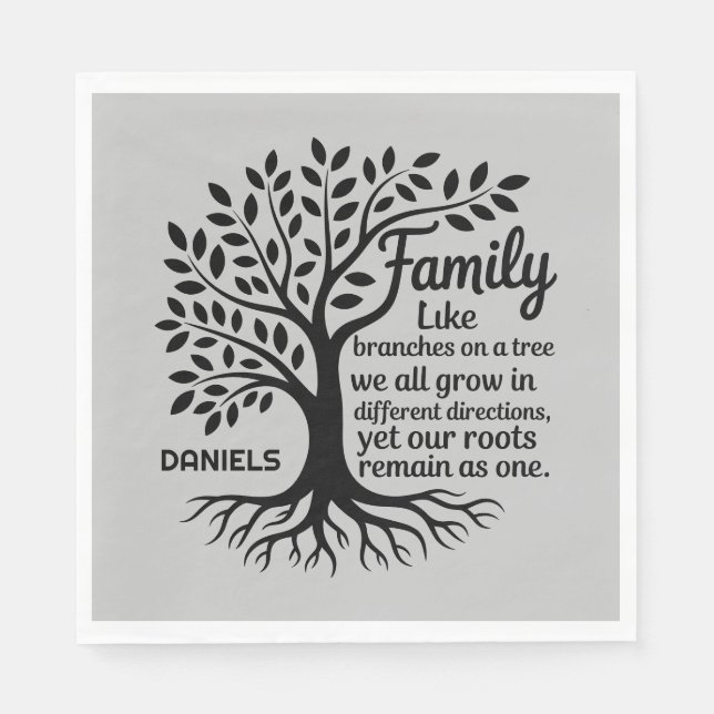 Family Tree Black & Gray Personalized Family Name Serviette (Vorderseite)