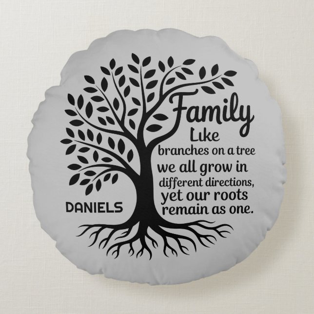 Family Tree Black & Gray Personalized Rundes Kissen (Vorderseite)