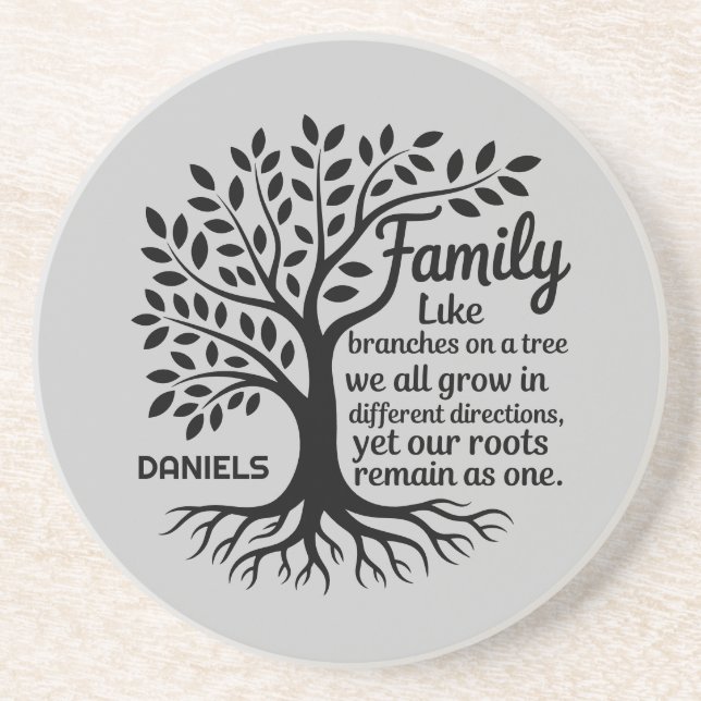 Family Tree Black & Gray Personalized Sandstone Getränkeuntersetzer (Vorne)
