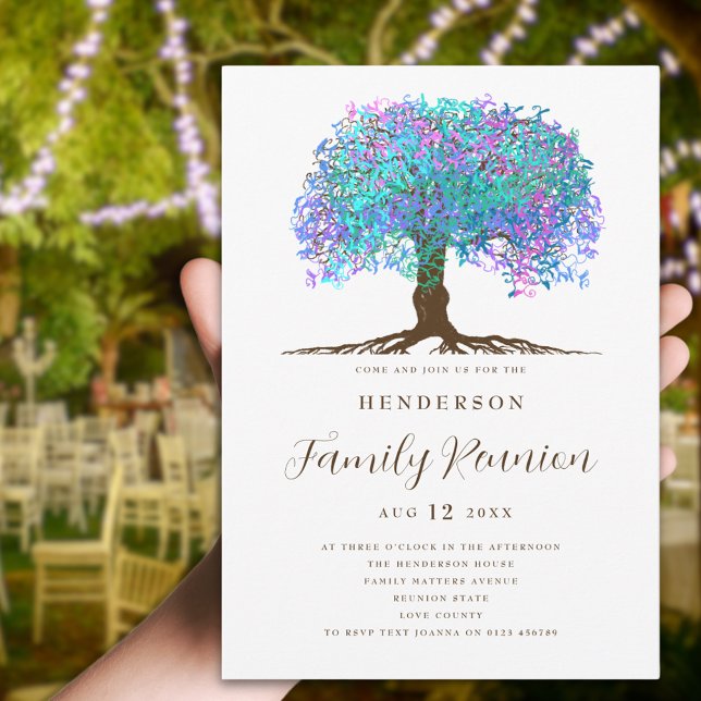 Family Tree Family Wiedersehen Einladung (Colorful watercolor tree family reunion party invitation with rainbow leaves and strong roots)