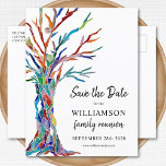 Family Tree Family Wiedersehen Save the Date Ankündigungspostkarte<br><div class="desc">Frag deiner Familie mit dieser stilvollen Postkarte Save the Date für ihre Wiedersehen. Es hat einen bunten Stammbaum, der ursprünglich aus Glasmosaik hergestellt wurde. Einfach anpassbar mit Ihren Daten. Verwenden Sie die Option Weitere anpassen, um die Textgröße, den Stil oder die Farbe zu ändern, wenn Sie möchten. Weil wir unsere...</div>