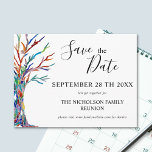 Family Tree Family Wiedersehen Save the Date Ankündigungspostkarte<br><div class="desc">Laden Sie Ihre Familie mit dieser stilvollen Save the Date Postkarte zu Ihrer Wiedersehen ein. Es verfügt über einen Stammbaum in den Farben des Regenbogens und Platz für Sie,  um mit Ihrem Familiennamen und Ihren Details anpassen. Original Mosaik © Michele Davies.</div>