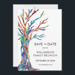 Family Tree Wiedersehen Save The Date<br><div class="desc">Frag deiner Familie mit dieser stilvollen Karte Save the Date für ihre Wiedersehen. Es hat einen bunten Stammbaum, der ursprünglich aus Glasmosaik hergestellt wurde. Einfach anpassbar mit Ihren Daten. Verwenden Sie die Option Weitere anpassen, um die Textgröße, den Stil oder die Farbe zu ändern, wenn Sie möchten. Weil wir unsere...</div>