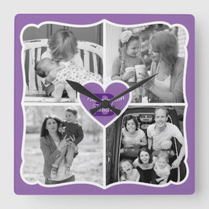 Family Valentine Instagram Heart Photo Grid Purple Quadratische Wanduhr
