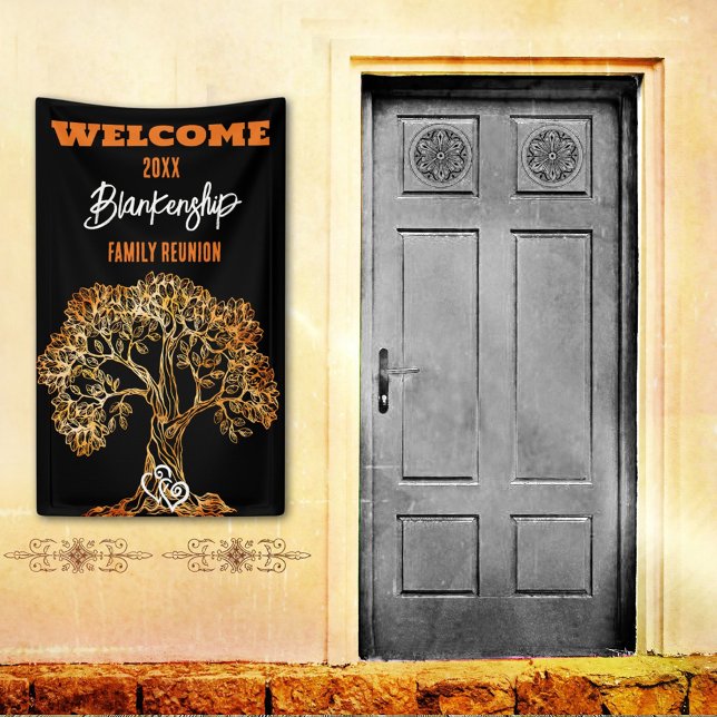 Family Wiedersehen Alte Orange Tree Art Custom Banner (Welcome family on a vertical format reunion banner with rustic orange tree on a black background.
)