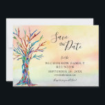 Family Wiedersehen Elegante Farbbaum Save the Date<br><div class="desc">Elegante Colored Tree Family Wiedersehen Ankündigung Datum freihalten Card. Frag deiner Familie mit dieser stilvollen Ankündigungskarte Save the Date für deine Wiedersehen. Es ist mit einem Stammbaum in den Farben des Regenbogens auf einem Aquarell-Hintergrund ausgestattet. Es gibt Vorlagen, die Sie mit Ihrem Familiennamen und Ihren Daten anpassen können. Dieses einzigartige...</div>