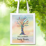 Family Wiedersehen Family Tree Wiederverwendbare Einkaufstasche<br><div class="desc">Diese Familie Wiedersehen Wiederverwendbare Lebensmitteltaschen sind mit einem Mosaikbaum in den Farben des Regenbogens auf einem Aquarell dekoriert. Passen Sie sie mit Ihrem Familiennamen und dem Jahr Ihrer Wiedersehen an. Weil wir unsere eigenen Kunstwerke erstellen, werden Sie dieses exakte Bild von anderen Designern nicht finden. Original Mosaik und Wasserfarbe ©...</div>