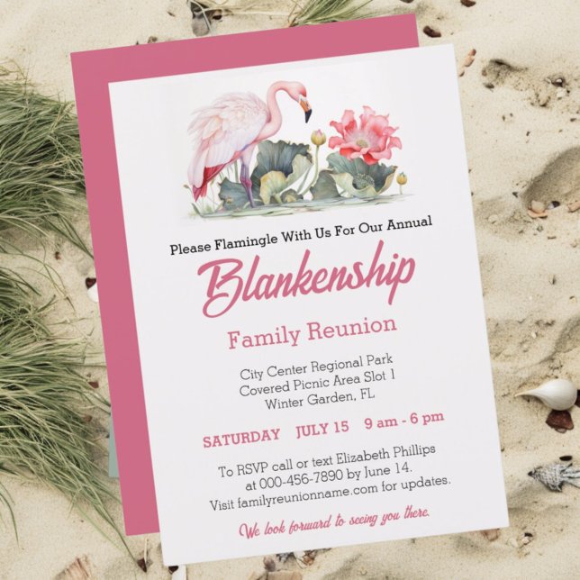 Family Wiedersehen Flamingo Art One Day Event Cust Einladung (Front tropical family reunion template with pink back)