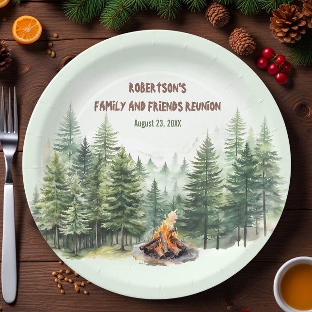 Family Wiedersehen Forest Campfire Green Pappteller (Family Reunion Forest Campfire Green Paper Plates)