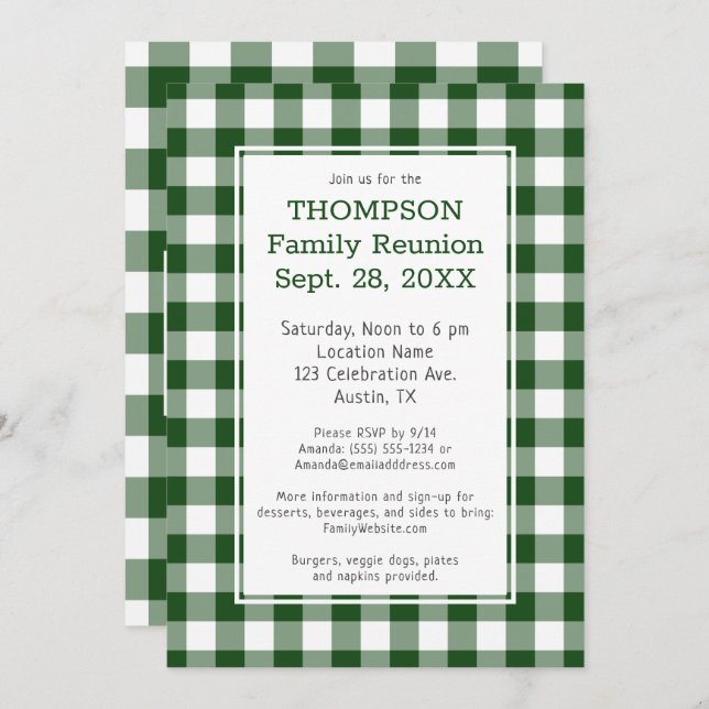 Family Wiedersehen Green White Buffalo Karo Party Einladung (Vorne/Hinten)