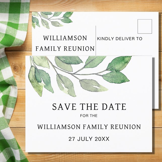 Family Wiedersehen Greenery Save the Date Ankündigungspostkarte (Von Creator hochgeladen)