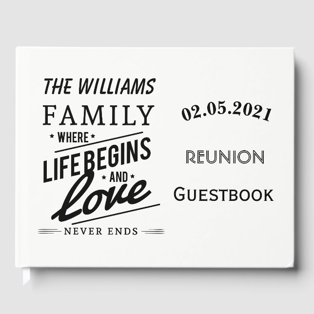 Family Wiedersehen Guestbook Typografie Schwarz-we Gästebuch (Vorderseite)