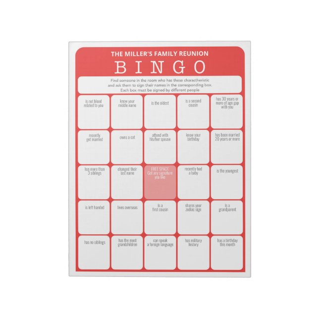 Family Wiedersehen Ice Breakfast Bingo Game Notizblock