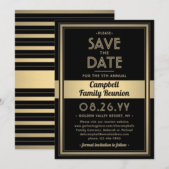 Family Wiedersehen Modernes elegantes Schwarz-Gold Save The Date (Vorne/Hinten)