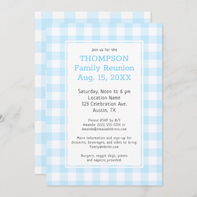 Family Wiedersehen Pale Blue Buffalo Karo Party Einladung (Vorne/Hinten)