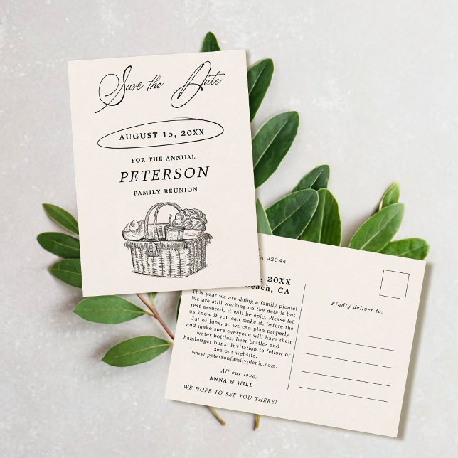 Family Wiedersehen Picnic Chic Save the Date Vinta Postkarte (family reunion invitation save the date postcard illustration watercolor modern simple vintage chic)