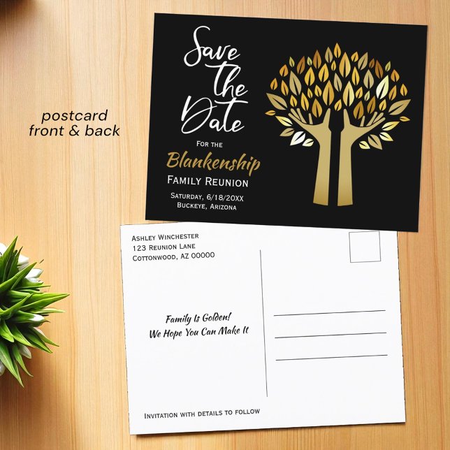 Family Wiedersehen Save the Date drei Blätter aufl Ankündigungspostkarte (postcard template front and back )