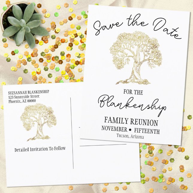 Family Wiedersehen Save the Date Gold Tree Ankündigungspostkarte (Von Creator hochgeladen)
