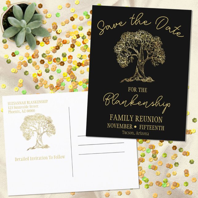 Family Wiedersehen Save the Date Gold Tree Ankündigungspostkarte (Von Creator hochgeladen)