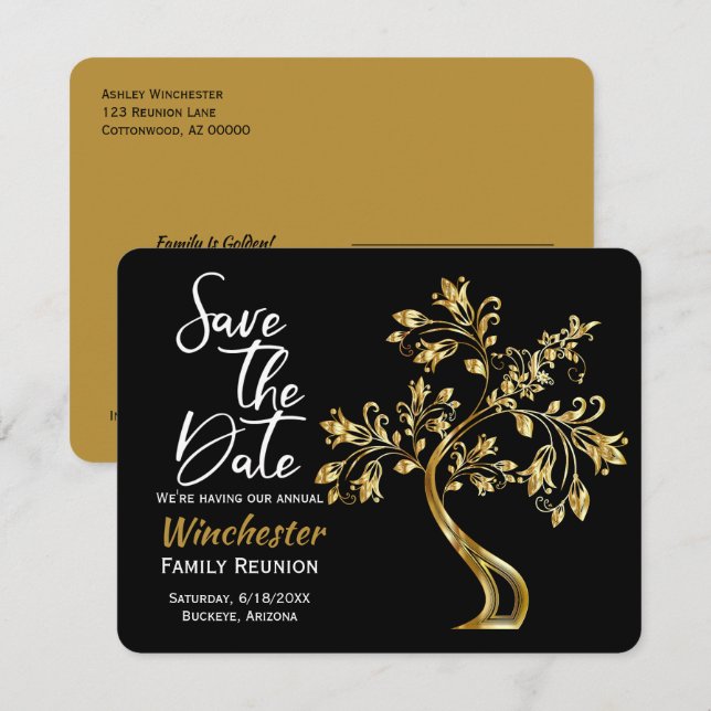Family Wiedersehen Save the Date Moderner Goldbaum (Vorne/Hinten)